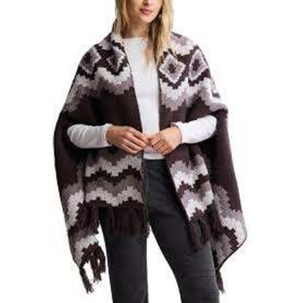 Barefoot Dreams CozyChic Aztec Fringe Poncho Espresso Multi Brown Tribal Wrap